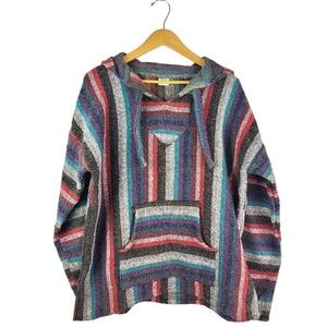 Mexican Hoodie Men Large Poncho Jacket Sweater Striped Red Brown Blue Green Boho